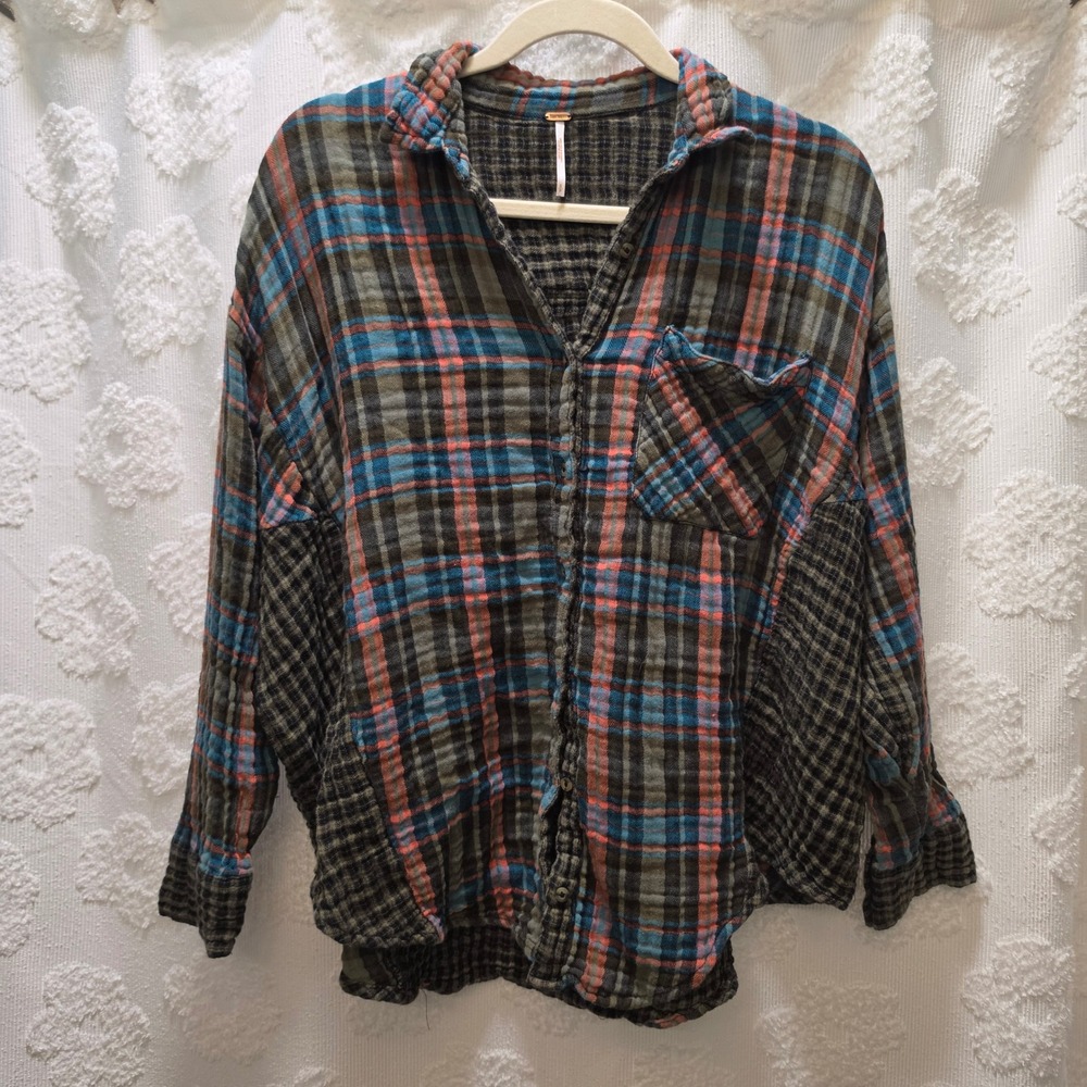 Free People Mixed Plaid Checkered Cotton Gauze Oversized Button Down Shirt S/P